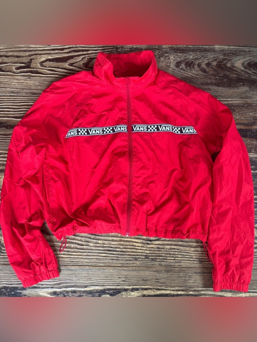 Vans Bright Red Cropped Bomber Jacket with Checker Trim